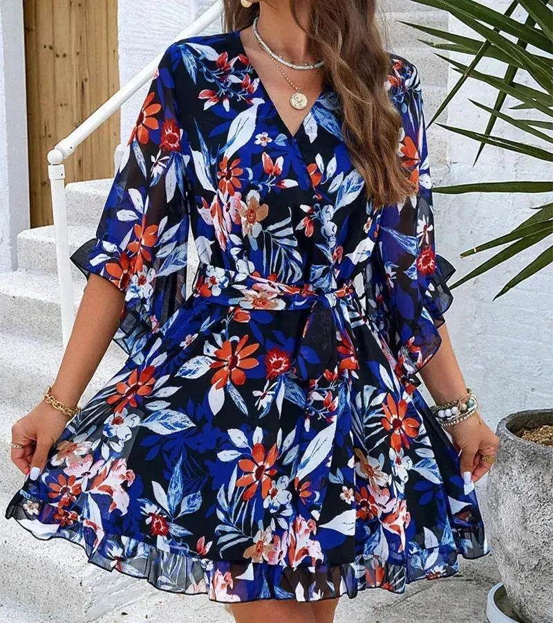 Robe courte décontractée d'été en mousseline à imprimé floral, manches courtes, à lacets, volants, col en V, mini-robes courtes, vêtements pour femmes