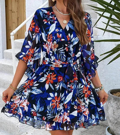 Robe courte décontractée d'été en mousseline à imprimé floral, manches courtes, à lacets, volants, col en V, mini-robes courtes, vêtements pour femmes