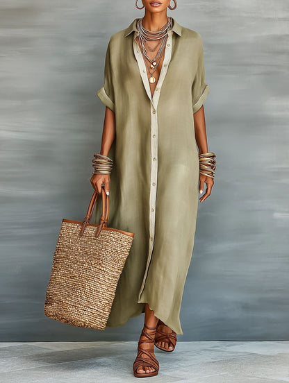 Women’s Summer Short-Sleeve Shirt Dress – Lapel Collar Button-Front Maxi Dress