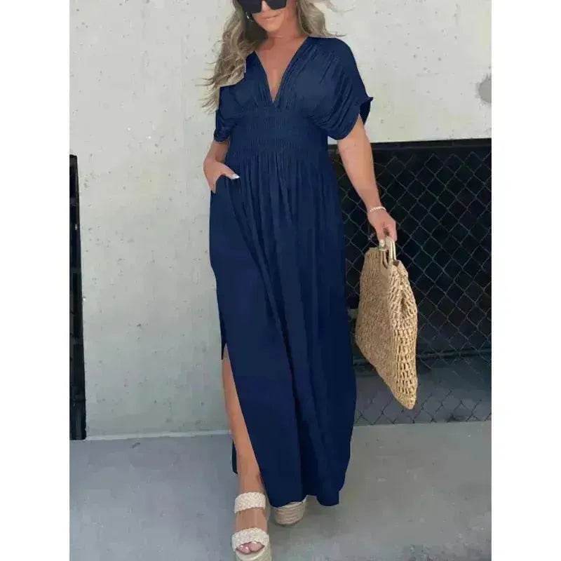 Robe longue fendue d'été à manches chauve-souris, col en V, taille élastique et manches courtes pour femme