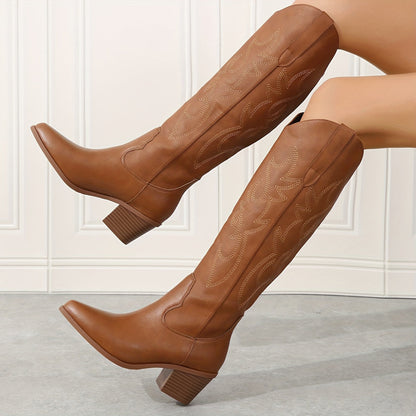 Womens Richly Embroidered Slip-On Cowboy Boots - Fashionable Pointed Toe, Chunky Heel, High Knee Height - Authentic Western Style with Ultimate Comfort - Perfect for Vacation Wear