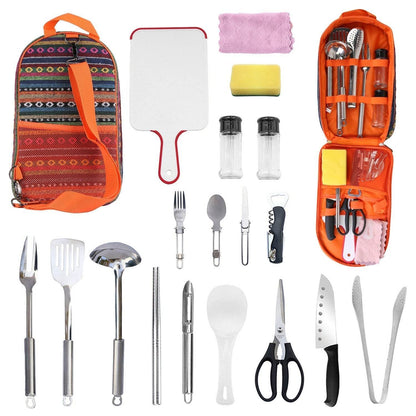 Kit d'ustensiles de cuisine de camping 19 pièces, batterie de cuisine portable de pique-nique, équipement de cuisine d'extérieur, appareils de barbecue de feu de camp avec sac de rangement