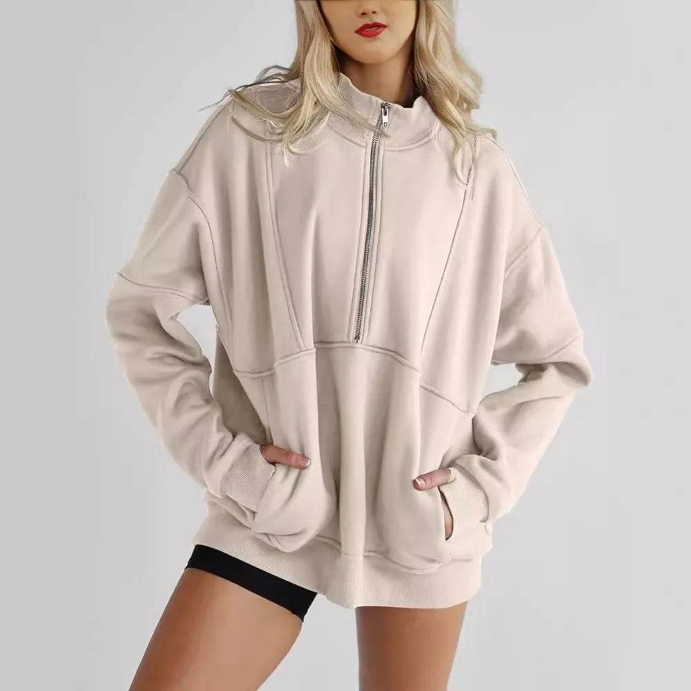 Women's Half Zipper Pocket Fashion Casual Exercise Oversized Sweatshirt Pullover