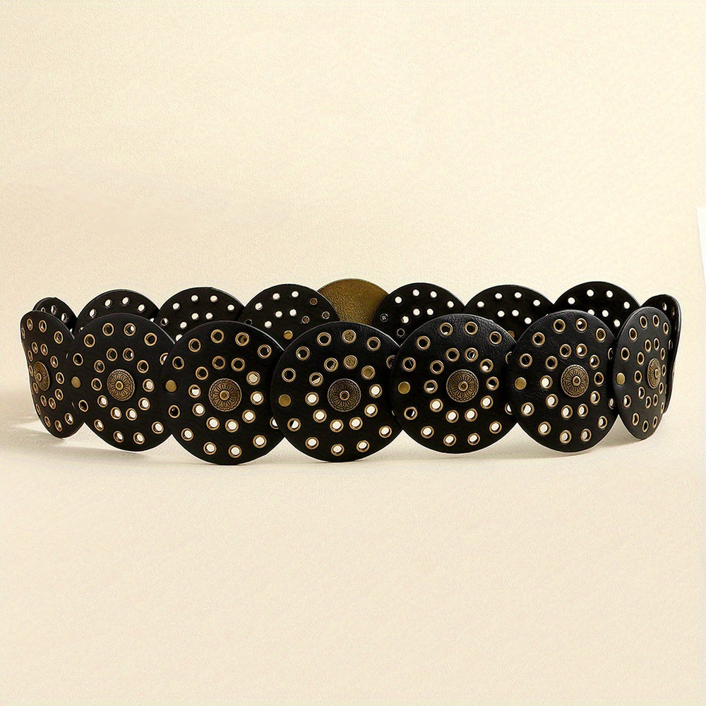 Ceinture large de cowboy occidental avec rivets dorés, en cuir PU, style Steampunk, avec grande boucle ronde vintage pour femme.