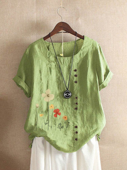 Casual Summer Beach Cotton And Linen Printed Elegant Short Sleeve blouse Top Women