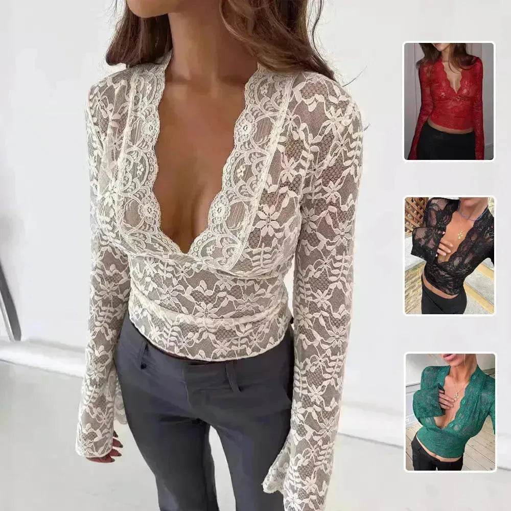 Haut court à manches longues en dentelle florale pour femme, style Y2K, coupe ajustée, débardeur décontracté en dentelle pour femme