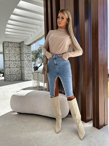 Fashion Solid Front Split Midi Denim Skirt