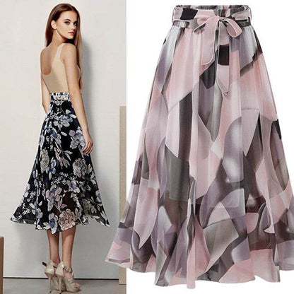 Jupe Longue Formelle Femme Taille Haute Florale Évasée en Mousseline de Soie pour le Bureau