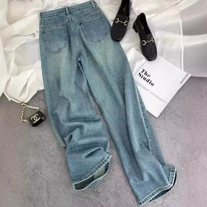 Starry Diamond In The Debris Rhinestone Straight Baggy Jeans Pant For Women