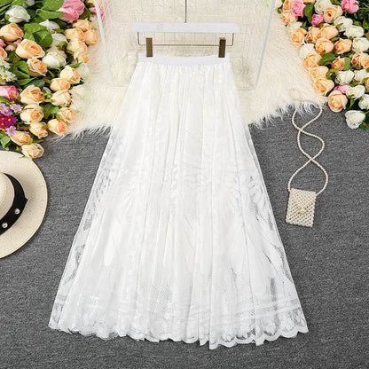 Spring Summer Women's Lace  Flowy Midi Skirt