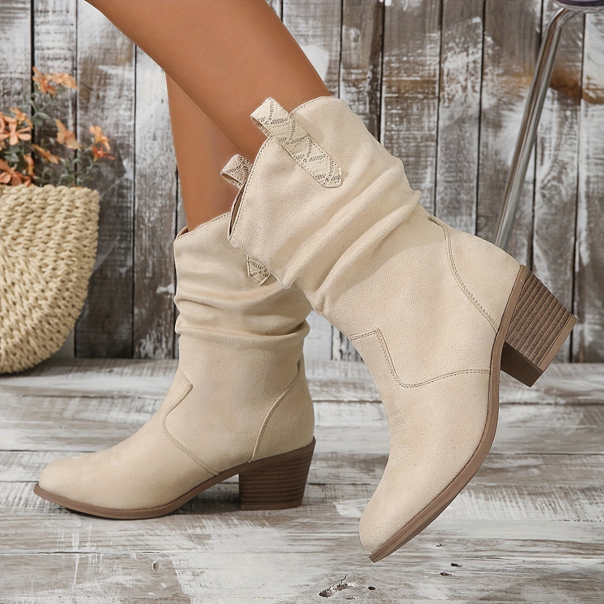 Bottes souples pour femme - Bottines rétro à talon bas - Bottes d'équitation confortables à enfiler avec talon épais pour tenue décontractée