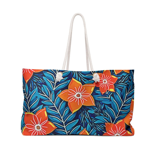 Sac de voyage à motif floral orange | Feuilles tropicales bleues | Grand cabas