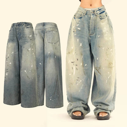 Jeans amples délavés et déchirés décontractés, style unisexe amincissant avec motifs éclaboussures d'encre pour hommes et femmes