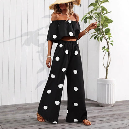 Womens Elegant Resort Polka-Dot Tube Top And Pants Set