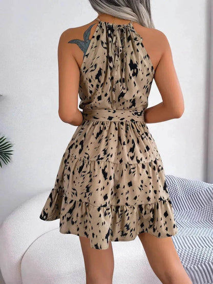Robe trapèze décontractée à volants imprimé léopard, robe de plage estivale tendance pour femmes, robe patineuse pour femmes élégantes.