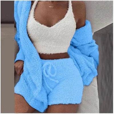 Winter Women Home Wear Suit Casual Pajamas Set Lady Female Soft Warm Long Sleeve Exposed Navel Vest Shorts Set