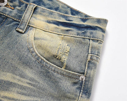 Distressed Scratches Denim Straight-leg Pants Men Jeans