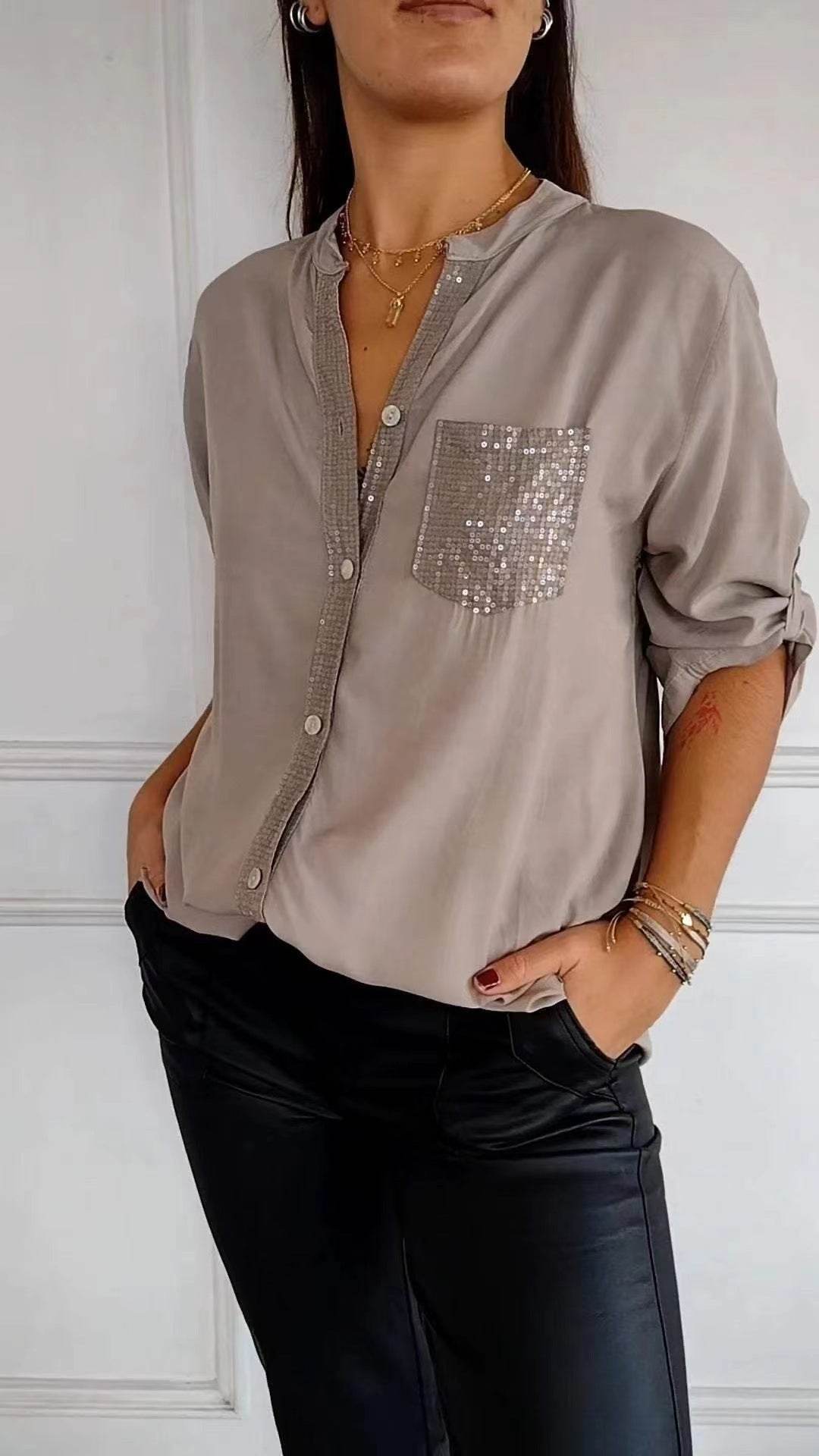 Chemisier décontracté à manches longues avec poche à sequins, haut tendance pour femmes