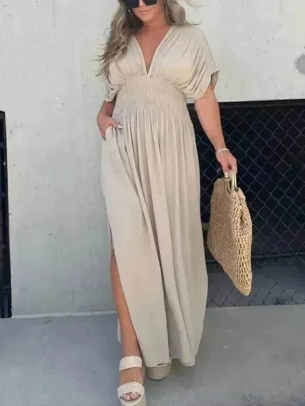 Robe longue fendue d'été à manches chauve-souris, col en V, taille élastique et manches courtes pour femme