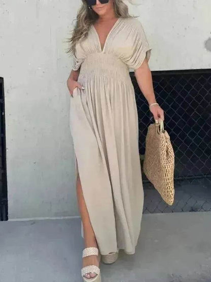 Robe longue fendue d'été à manches chauve-souris, col en V, taille élastique et manches courtes pour femme