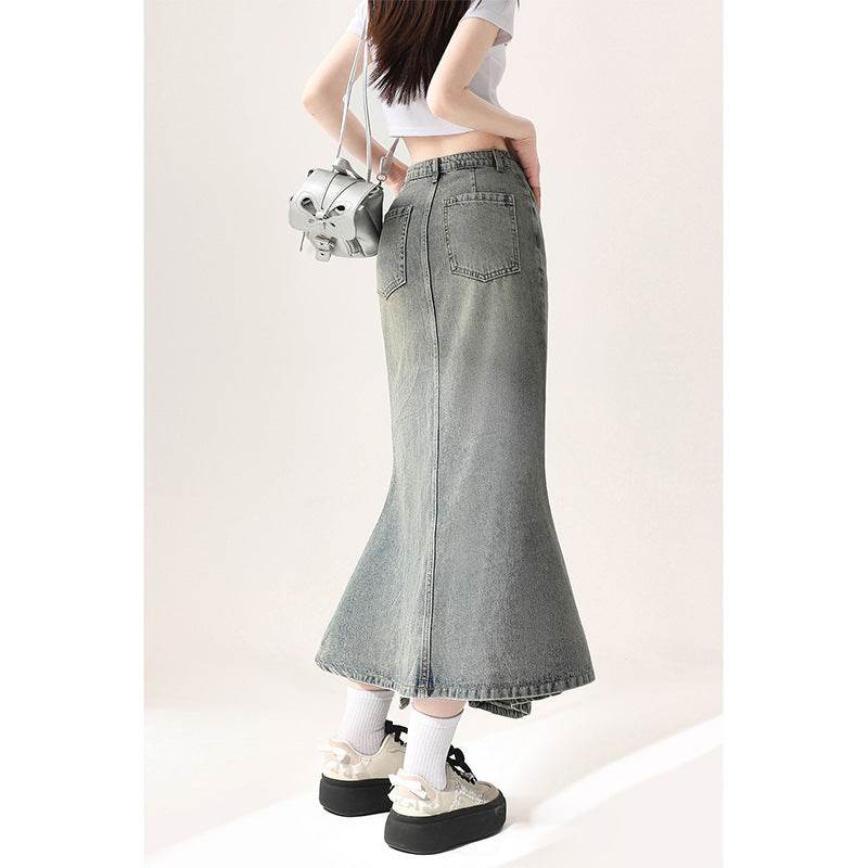 Irregular Half-length Split Denim long Skirt