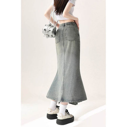 Irregular Half-length Split Denim long Skirt