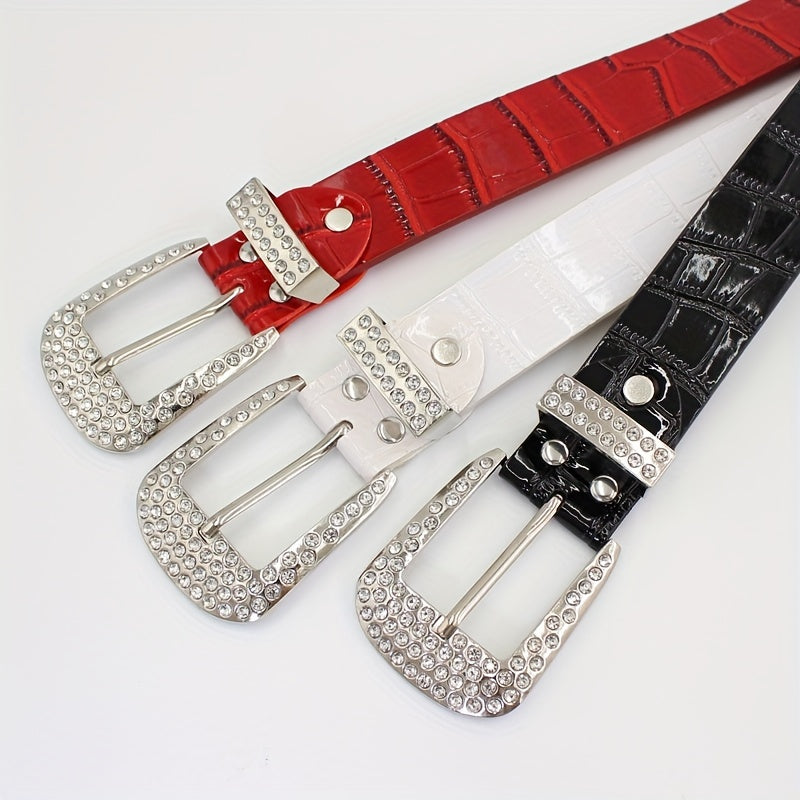 Sparkling Hollow Out Rhinestone Belt Solid Color PU Leather Belt Hip Hop Jeans Pants Belt Y2K Cowboy Cowgirl Belt For Women & Men