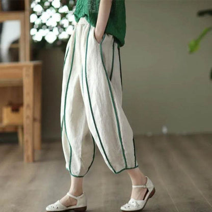 Summer Thin Striped Cotton And Linen Cropped trouser Pants For Women