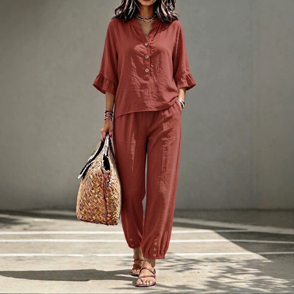 Women’s 2-Piece Casual V-Neck Top & Cropped Wide-Leg Pants Set – Retro Office Outfit