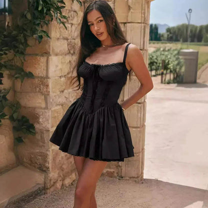 Elegant Chic Women Suspender Mini Skater Dress Summer Fashion Lace-up Slim Waist Pleated Short Dresses For Evening Party Cocktail Occasions