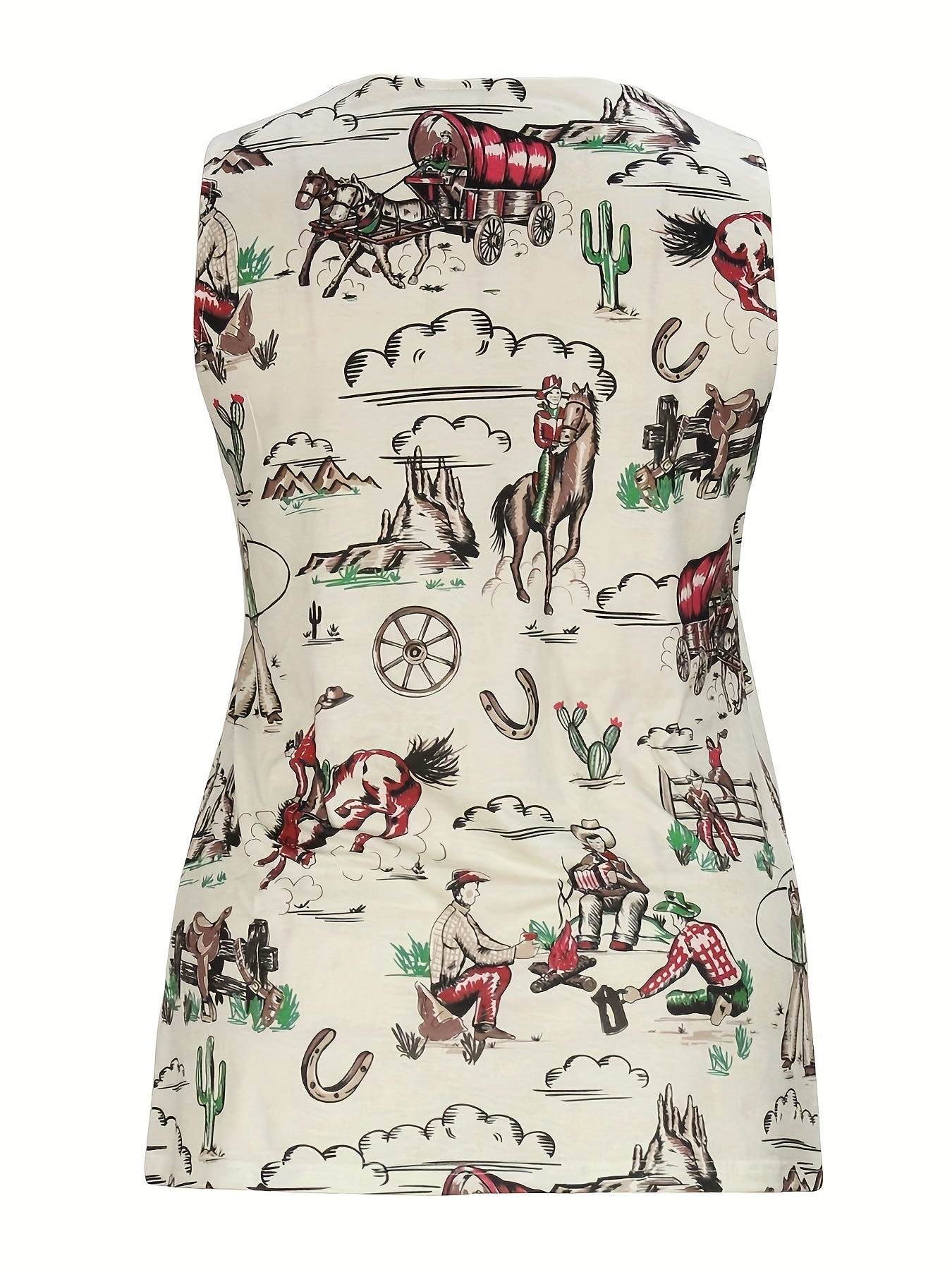 Plus Size Western Chic Vest Tank Top - Relaxed Fit, Medium Stretch, Random Cowboy Print, Square Neck, Pleated Design - Casual Polyester Top for All Seasons