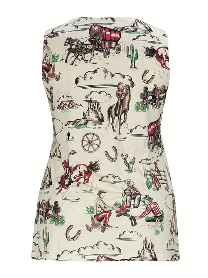 Plus Size Western Chic Vest Tank Top - Relaxed Fit, Medium Stretch, Random Cowboy Print, Square Neck, Pleated Design - Casual Polyester Top for All Seasons