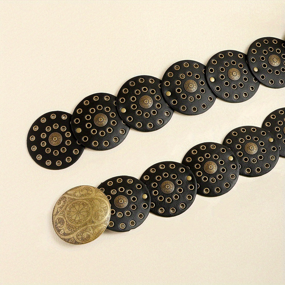 Ceinture large de cowboy occidental avec rivets dorés, en cuir PU, style Steampunk, avec grande boucle ronde vintage pour femme.