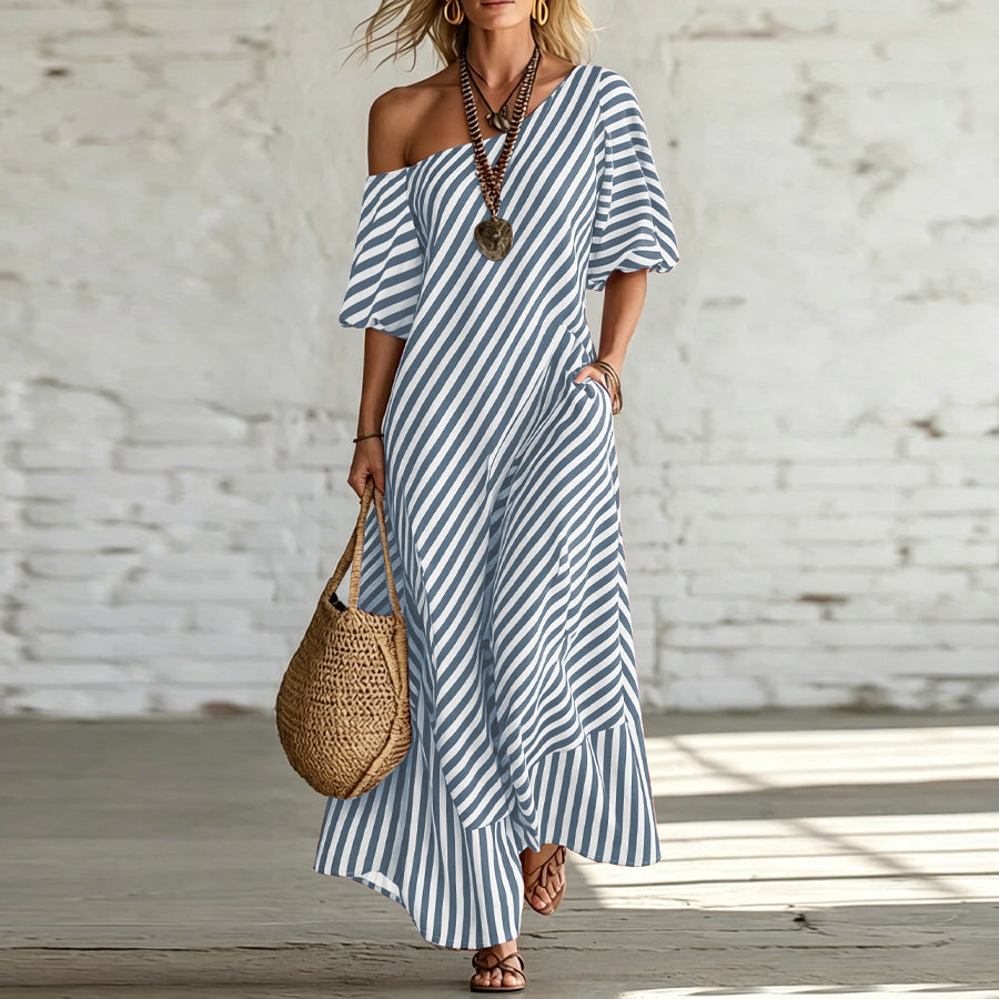 Asymmetrical One-Shoulder Striped Maxi Dress – Puff Sleeve Ruffle Hem Loose Vacation Dress with Pockets