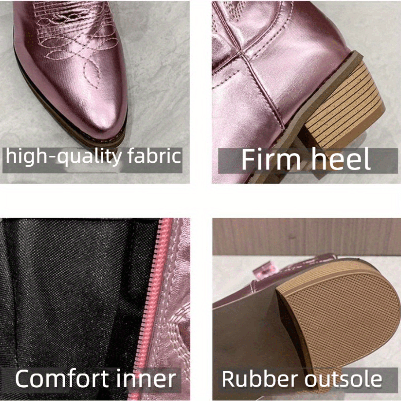 Bottes de cowboy mi-mollet rétro à talon bas et broderies pour femme, bout pointu et découpe en V