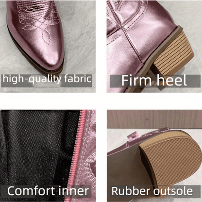 Bottes de cowboy mi-mollet rétro à talon bas et broderies pour femme, bout pointu et découpe en V