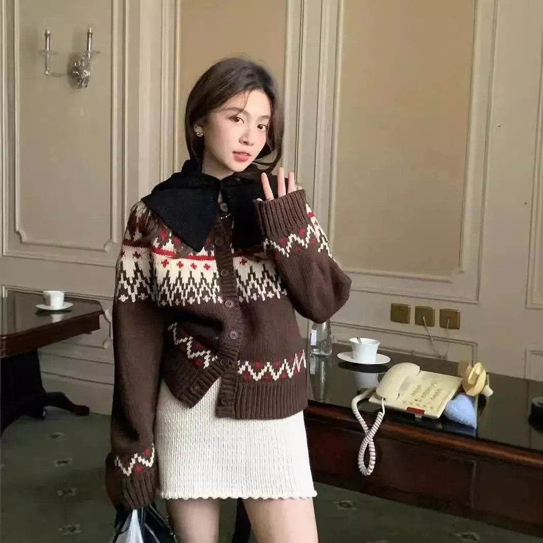 Pull en tricot jacquard épais à boutons pour femme automne et hiver