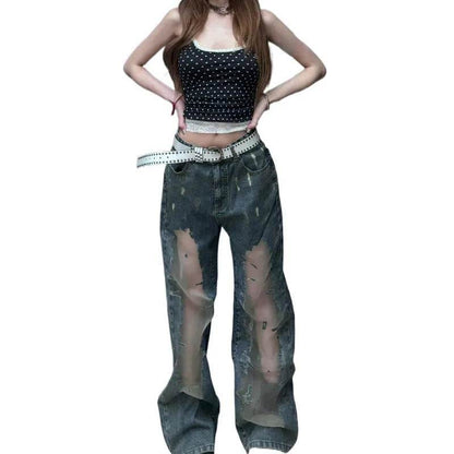 Retro Washed Ripped Baggy Jeans Pant For Women Summer Hollow Out