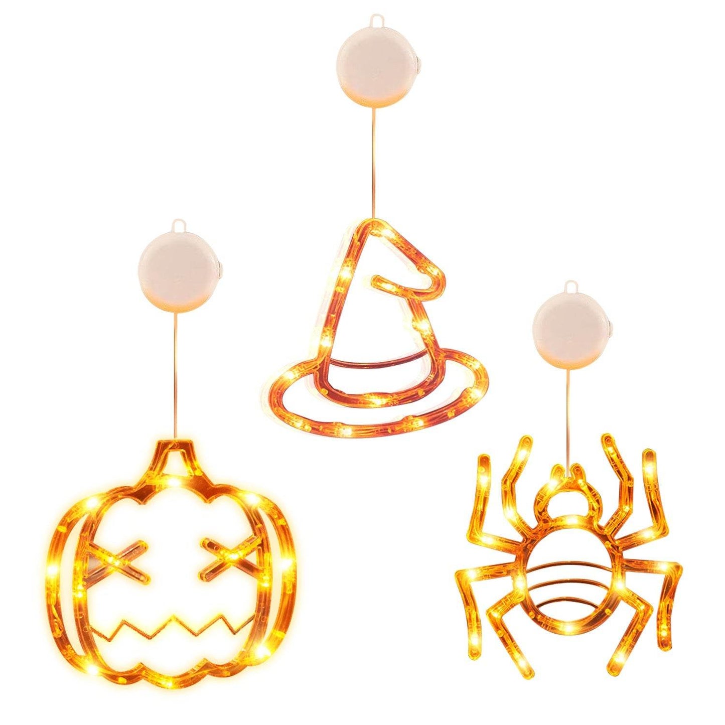 Lot de 3 lumières d'Halloween pour fenêtre, araignée, chapeau de sorcière, citrouille, avec lumière orange, décoration d'Halloween à suspendre avec ventouse et trous de suspension.