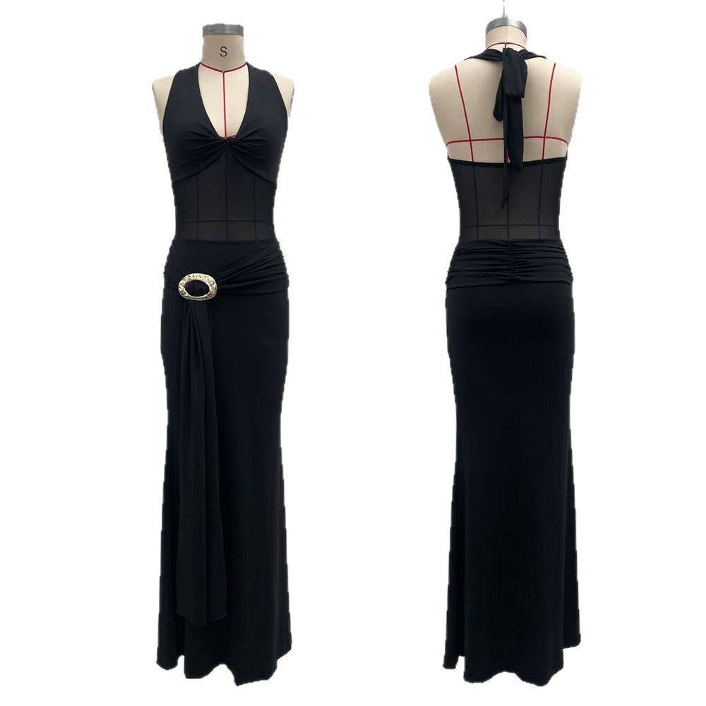 Women's Sexy Mesh-Panel Backless Bodycon Dress – Halter Neck Floor-Length Party Dress