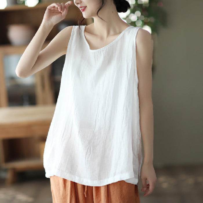 Casual Cotton And Linen Art Solid Color Loose-fitting Versatile summer blouse Top  For Women
