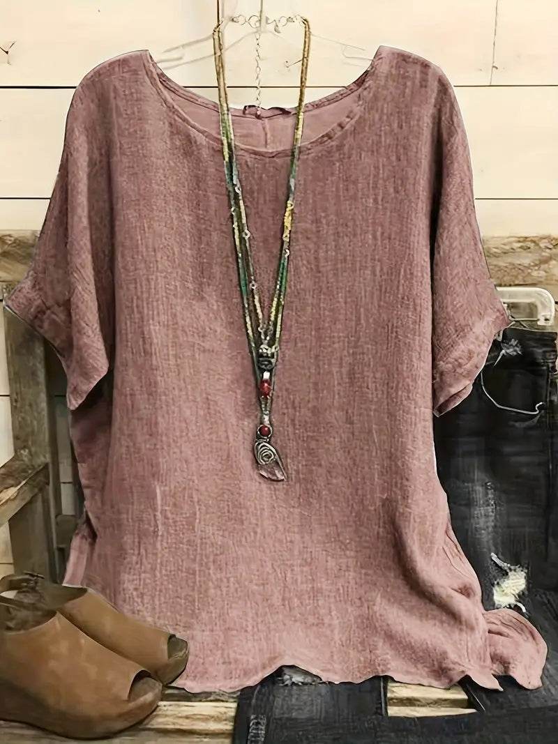 Women Fashion Casual blouse top 3/4 Sleeve Round Neck Blouses Summer Loose linen Tops Streetwear