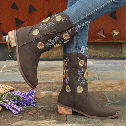 Bottes de cowboy mi-mollet rétro à talon bas et broderies pour femme, bout pointu et découpe en V