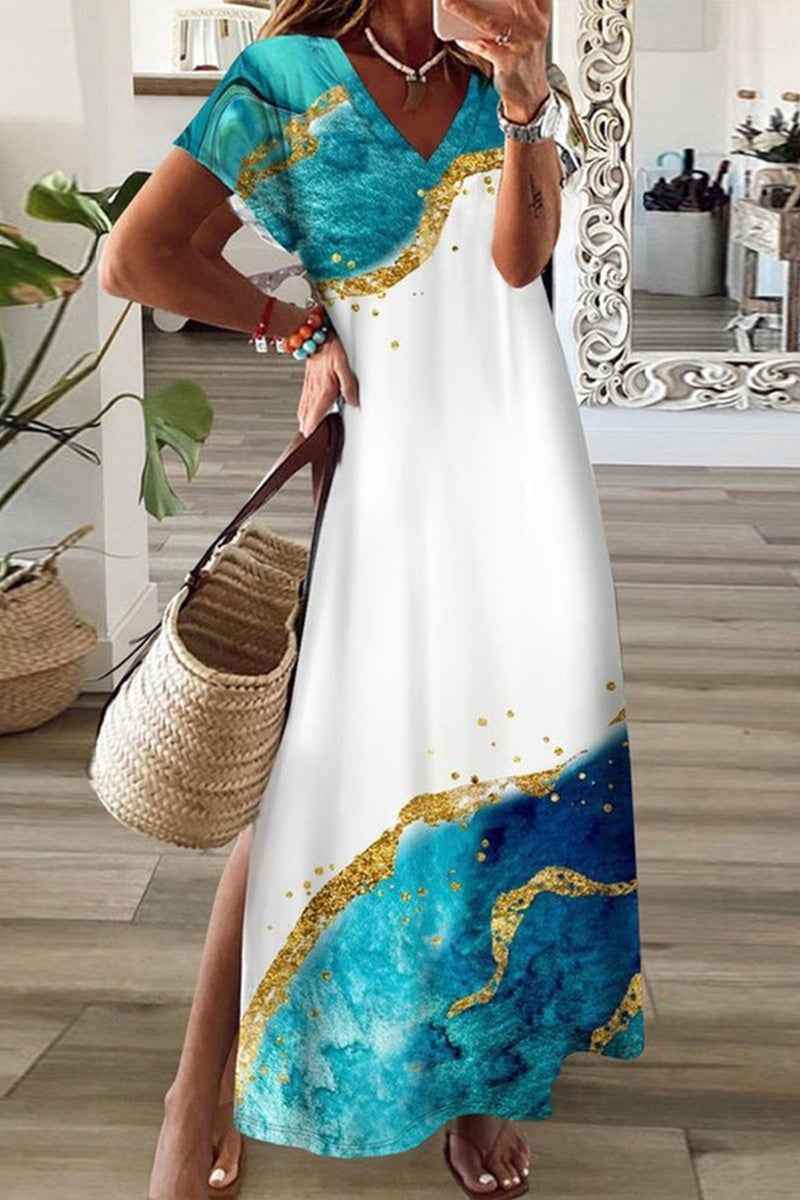 Women’s Elegant 3D Print Summer Dress – Split Hem Mid-Length Fashion Dress