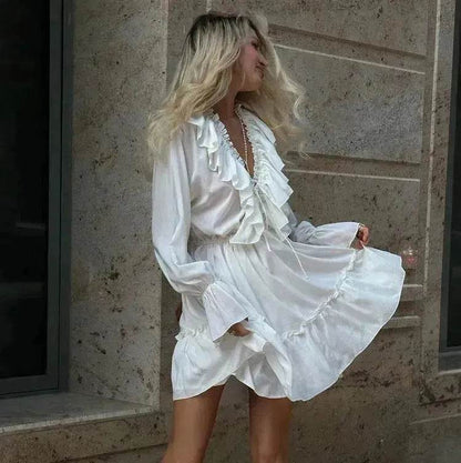 Robe plissée à volants et manches longues col en V style décontracté Y2K Robe patineuse courte col en V manches évasées Vêtements femme