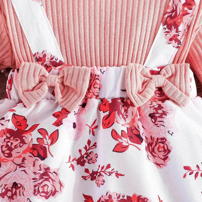 Latest Popular Sweet Long Sleeve pink Romper White Floral Suspender Skirt two piece for baby girls