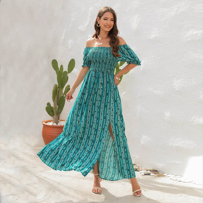 Robe longue élégante à épaules dénudées pour le printemps et l'été, en mousseline fendue, idéale pour les vacances à la plage et les séjours en station balnéaire.