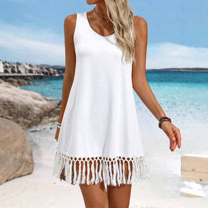 Women's Solid-Color European & American Style Tassel Dress – Sleeveless Asymmetrical Mid-Length Dress