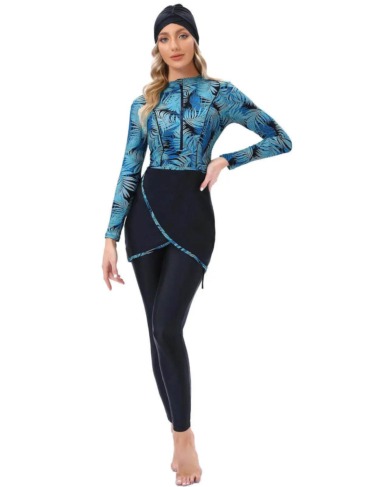 Long Sleeve Zipper ArabSwimsuit With Hat Chest Pad 3 Piece Conservative