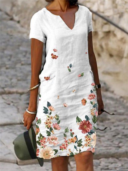 Women's Floral Print V-Neck A-Line Midi Dress – Short-Sleeve Casual Summer Dress